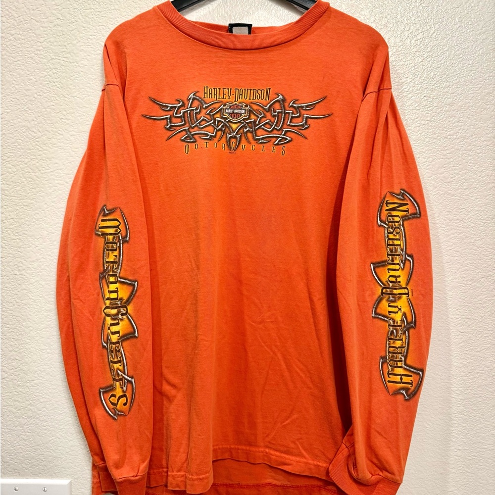 Vintage Harley Davidson Orange Chrome 2005 Biker Long Sleeve XL 24x29